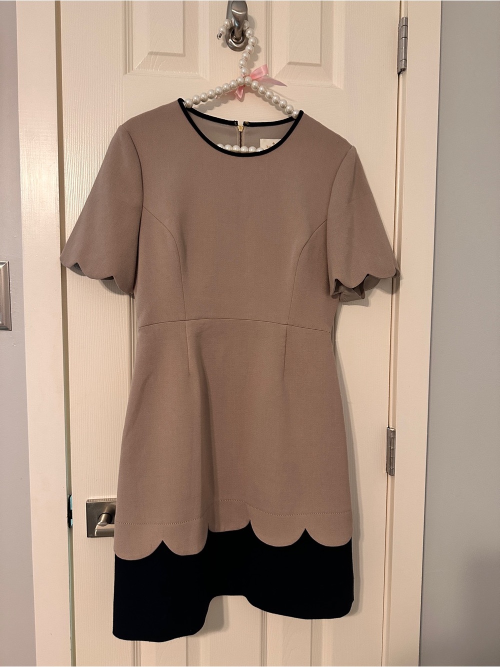 kate spade Taupe Dress with Black Hem and Scalloped Trim